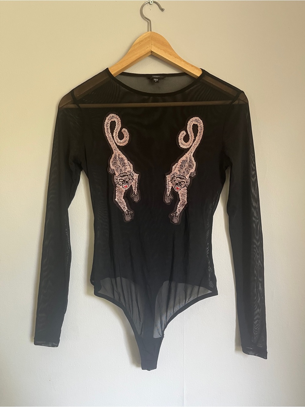 Guess Black Sheer Long-Sleeve Bodysuit with Pink Tiger Appliqués